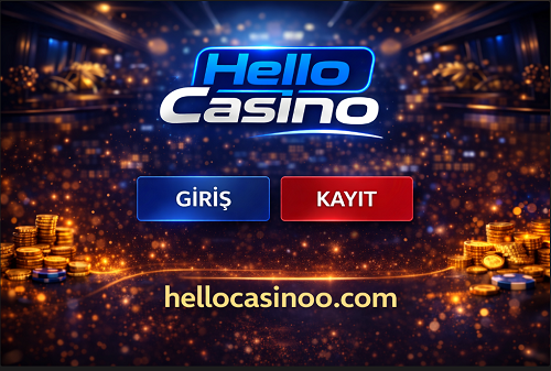 Hellocasino giriş ve kayıt butonları bulunan resmi banner görseli, hellocasinoo.com adresi ve casino temalı arka plan.