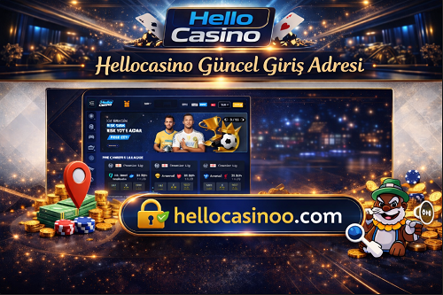 Hellocasino güncel giriş adresi banner görseli, site arayüz ekranı, hellocasinoo.com adres çubuğu ve casino temalı arka plan.